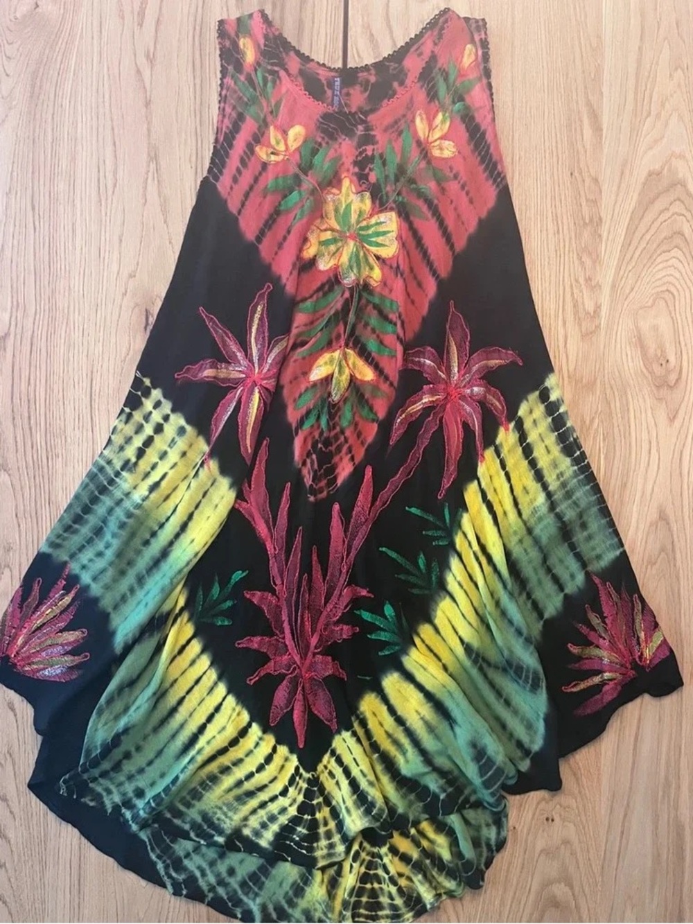 Boho Tie-Dye Floral Swim Cover-Up Dress in Black and Multicolor